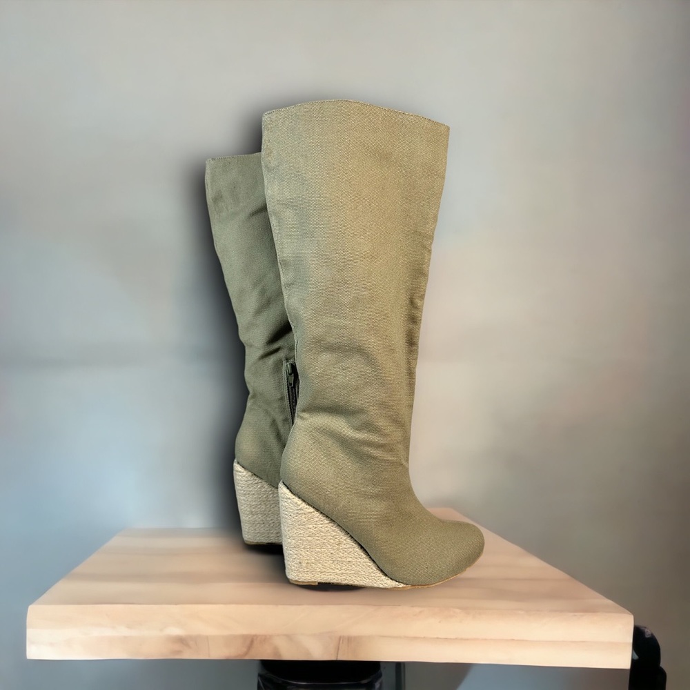 Fabric tall boots wedges espadrilles woven khaki linen-look Spring/Summer gypsy